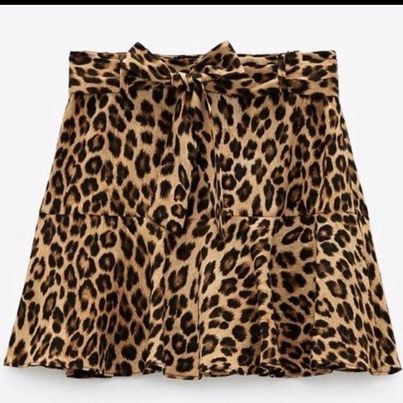 ZARA Animal Leopard Print High Waisted Skort with bow tie Sz. S - Picture 6 of 9